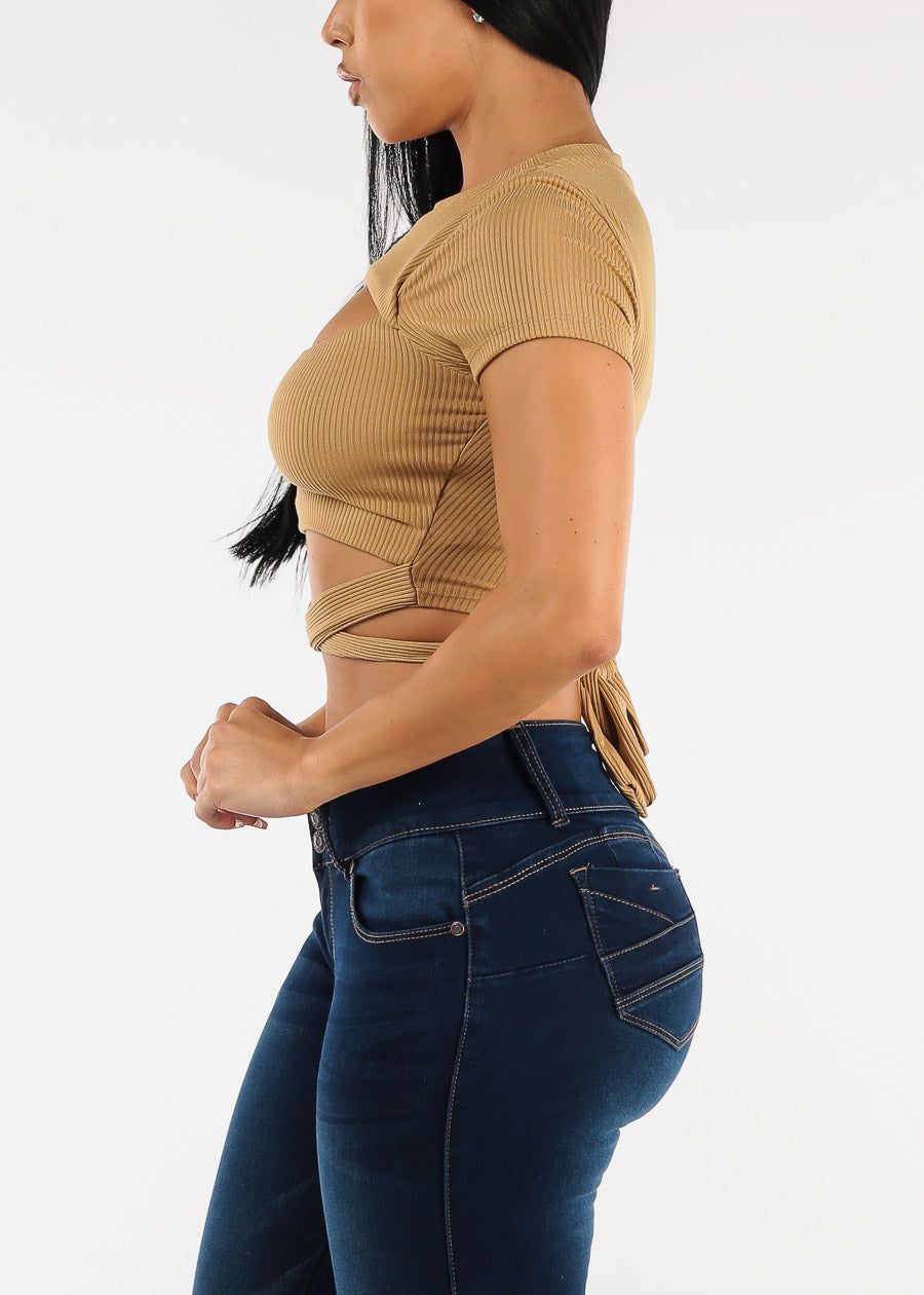 Short Sleeve Cut Out Khaki Ribbed Crop Top w Waist Tie sold by Moda product image thumbnail 3
