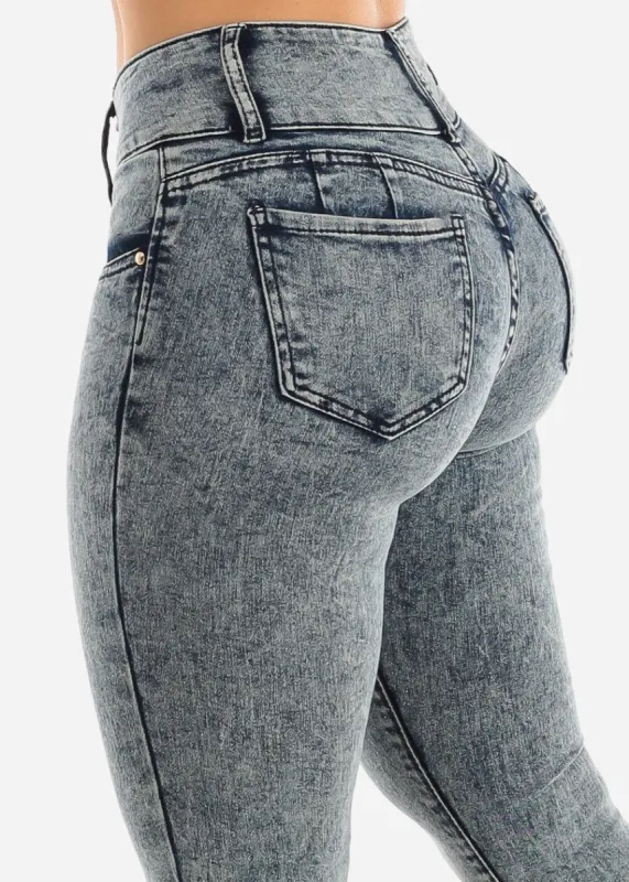 Butt Lifting Mid Rise Levantacola Acid Wash Skinny Jeans sold by Moda