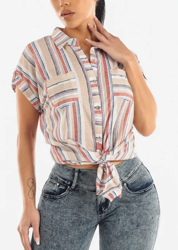 Cuffed Short Sleeve Stripe Button Up Tunic Shirt Taupe sold by Moda