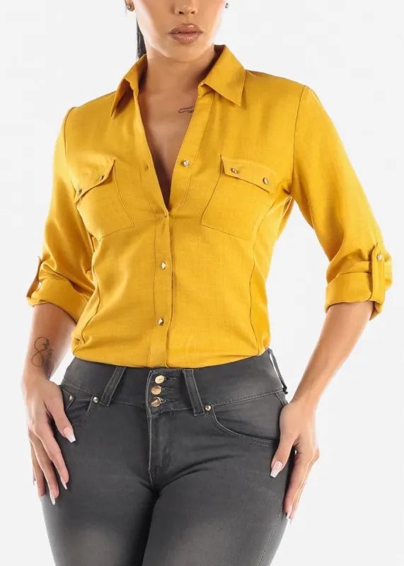 Quart Sleeve Button Up Shirt Mustard sold by Moda