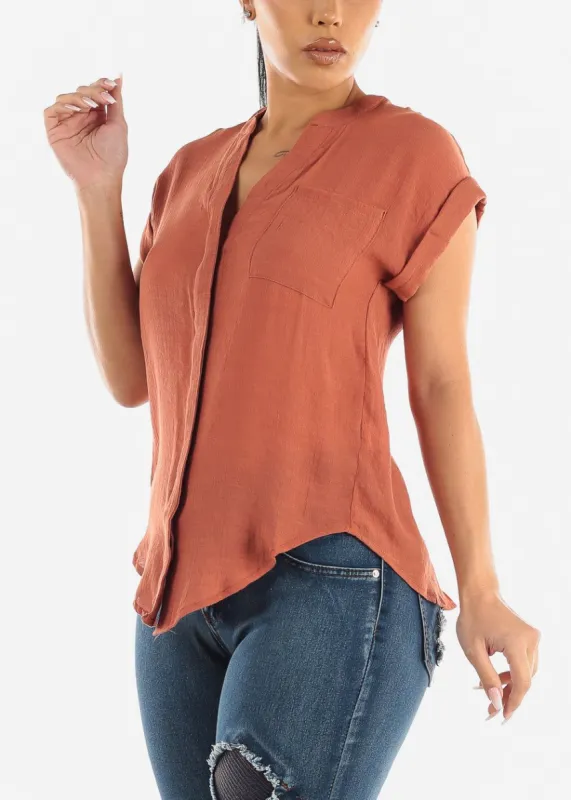 Cuffed Short Sleeve Button Up Shirt Terra w Back Slit sold by Moda
