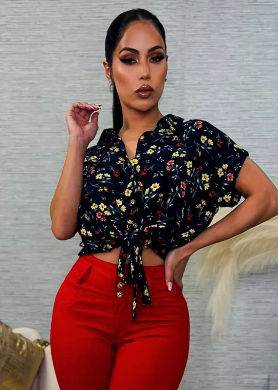 Button Up Drawstring Hem Short Sleeve Floral Blouse Navy sold by Moda