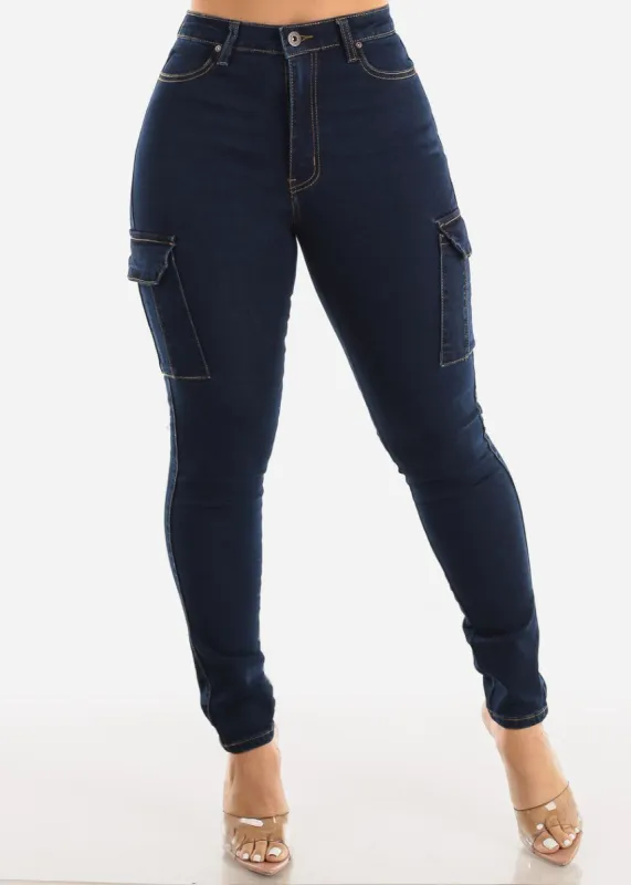 High Waisted Dark Denim Cargo Skinny Jeans sold by Moda