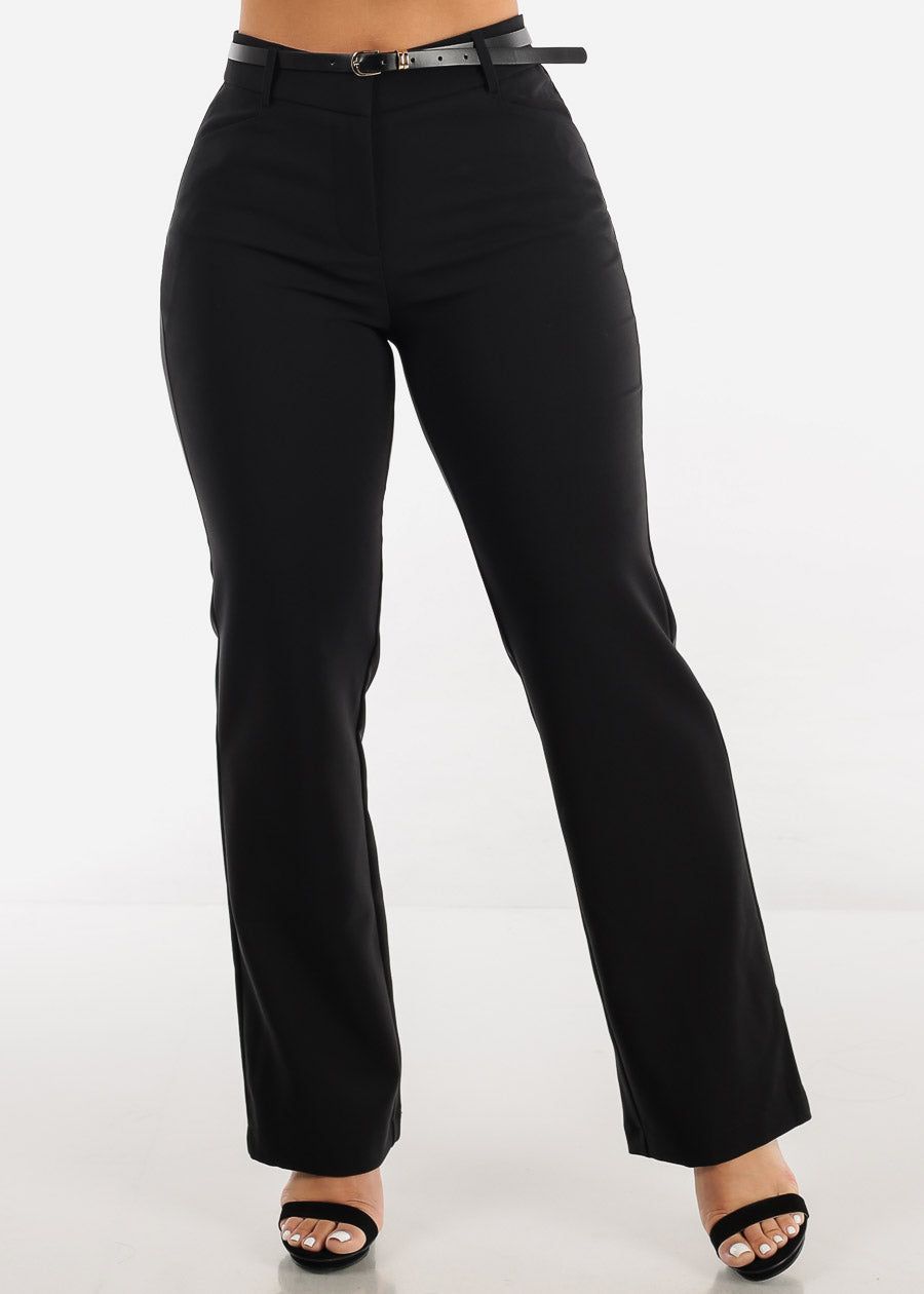 Black High Waist Bootcut Dress Pants w Belt sold by Moda