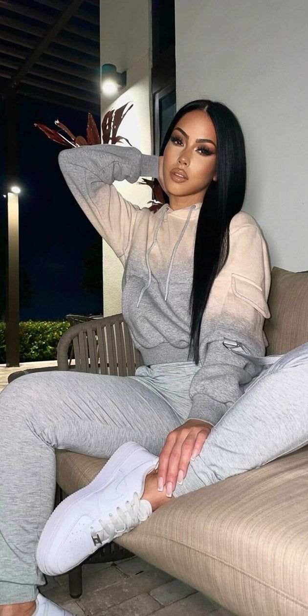 Grey High Waisted Jogger Pants with Long Sleeve Fleece Ombre Pullover Hoodie sold by Moda