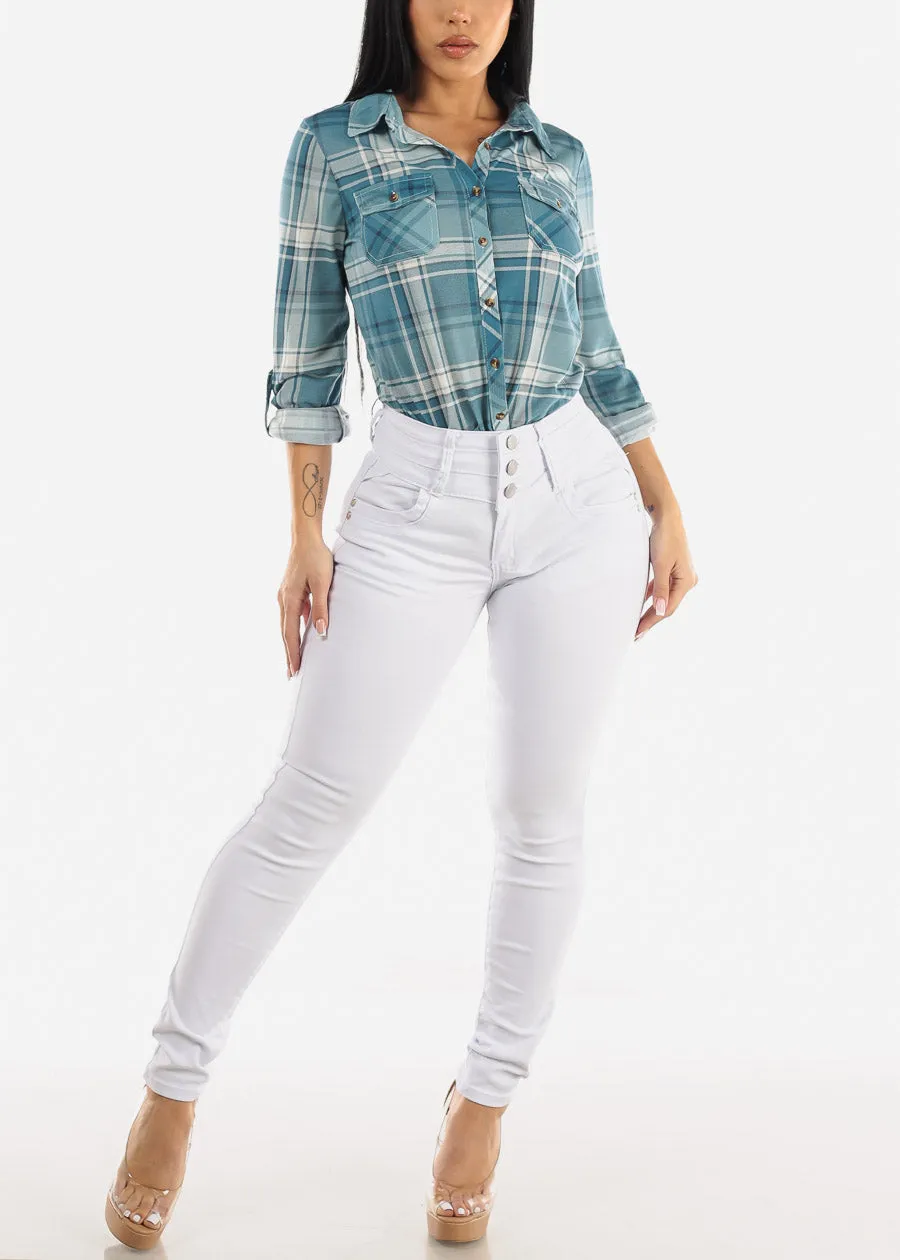 Long Sleeve Button Up Plaid Shirt Blue & White sold by Moda product image thumbnail 2