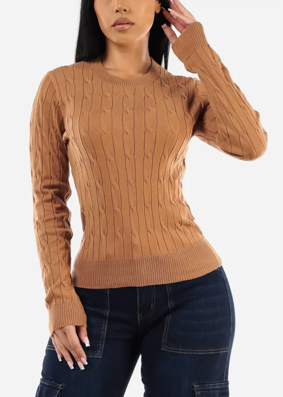 Long Sleeve Crewneck Cable Knit Sweater Khaki sold by Moda