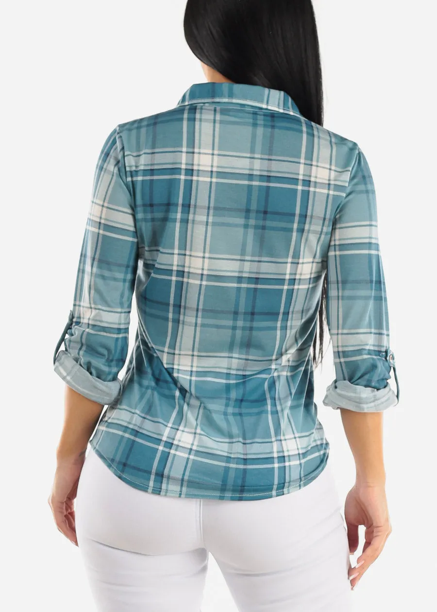 Long Sleeve Button Up Plaid Shirt Blue & White sold by Moda product image thumbnail 4