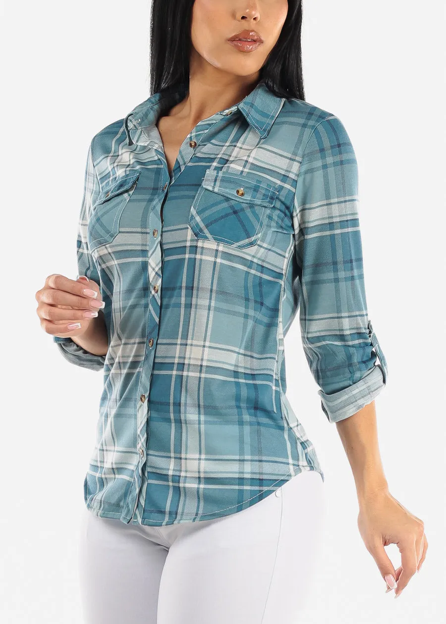 Long Sleeve Button Up Plaid Shirt Blue & White sold by Moda