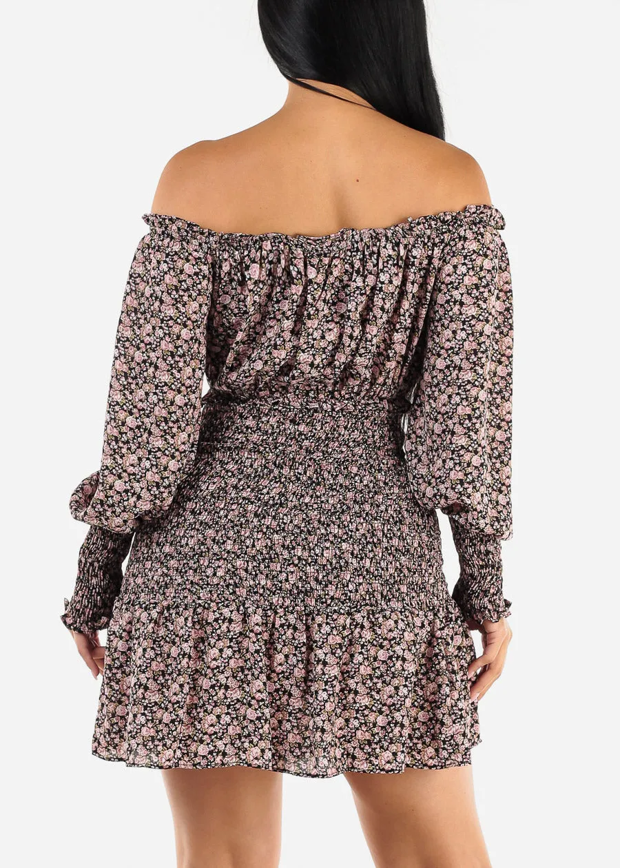 Off Shoulder Smocked Floral Mini Dress Black sold by Moda product image thumbnail 4