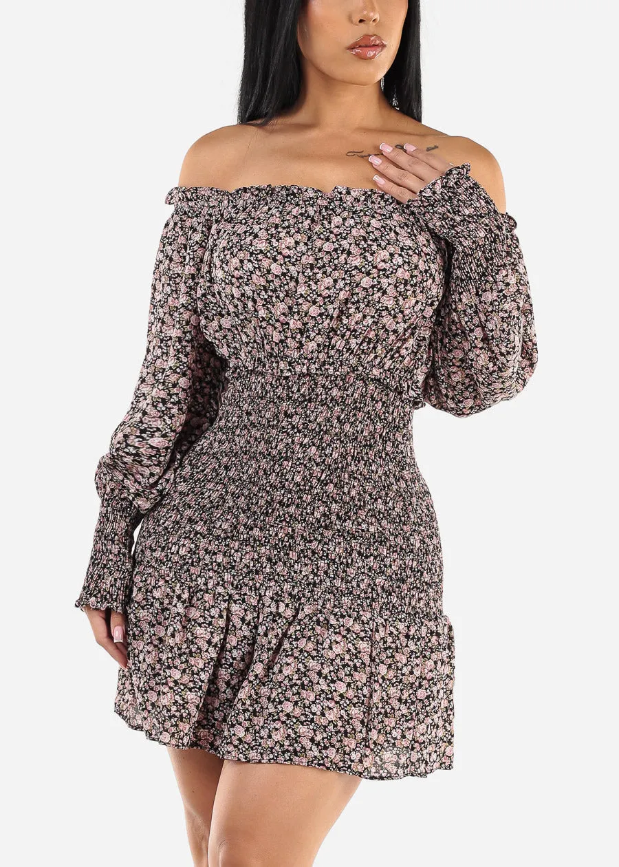 Off Shoulder Smocked Floral Mini Dress Black sold by Moda