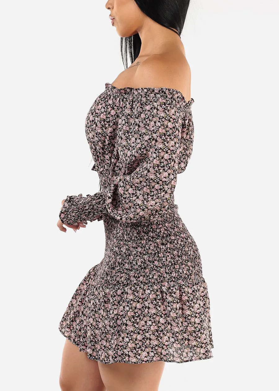 Off Shoulder Smocked Floral Mini Dress Black sold by Moda product image thumbnail 3