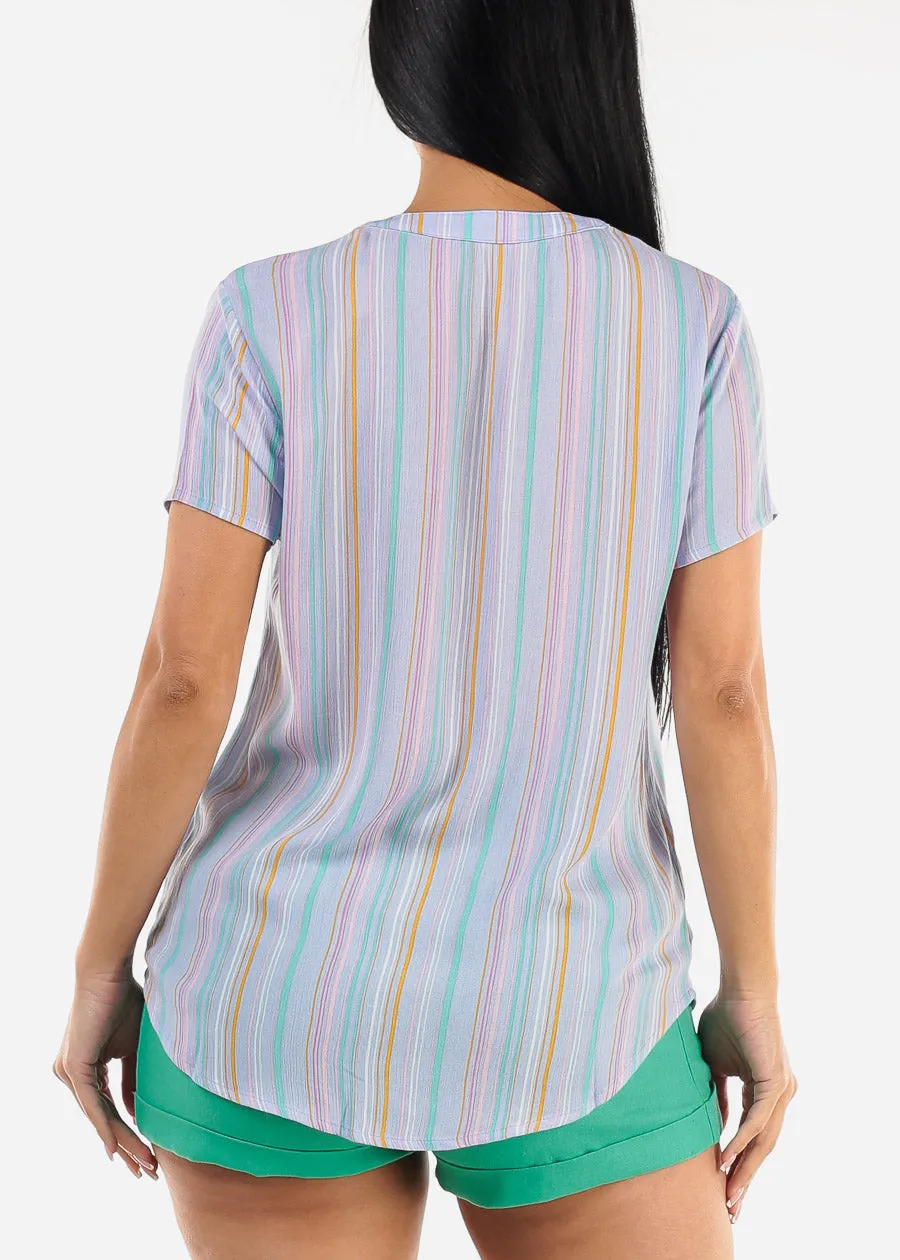 Short Sleeve Button Up Stripe Blouse Blue sold by Moda product image thumbnail 4