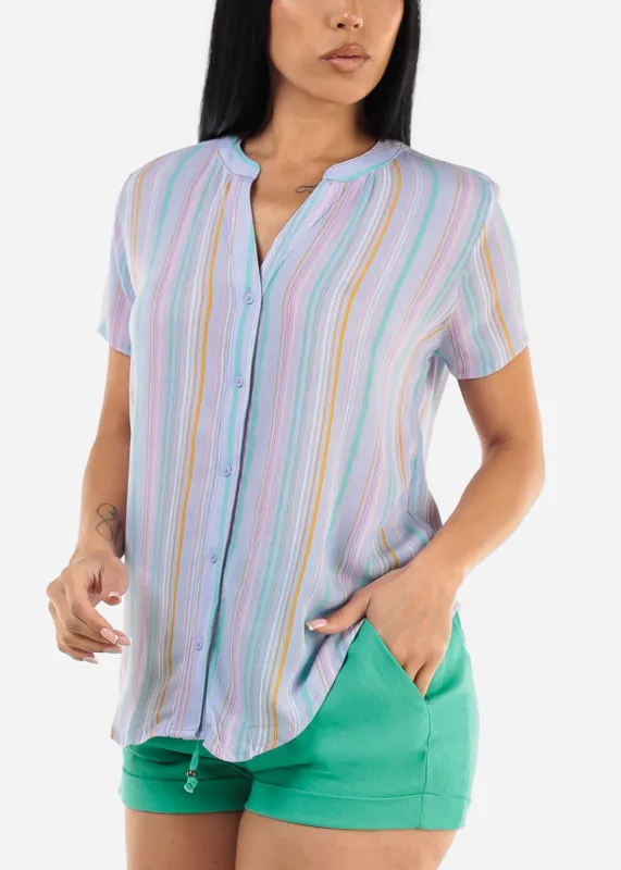 Short Sleeve Button Up Stripe Blouse Blue sold by Moda