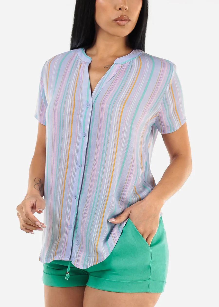 Short Sleeve Button Up Stripe Blouse Blue sold by Moda