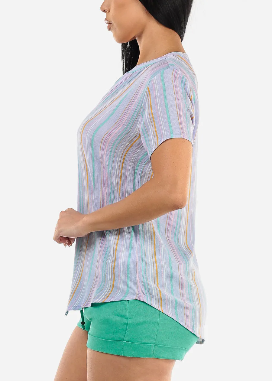 Short Sleeve Button Up Stripe Blouse Blue sold by Moda product image thumbnail 3
