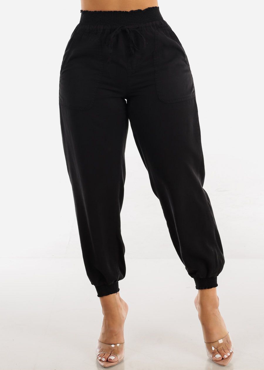 Black High Rise Elastic Waist Tencel Joggers sold by Moda