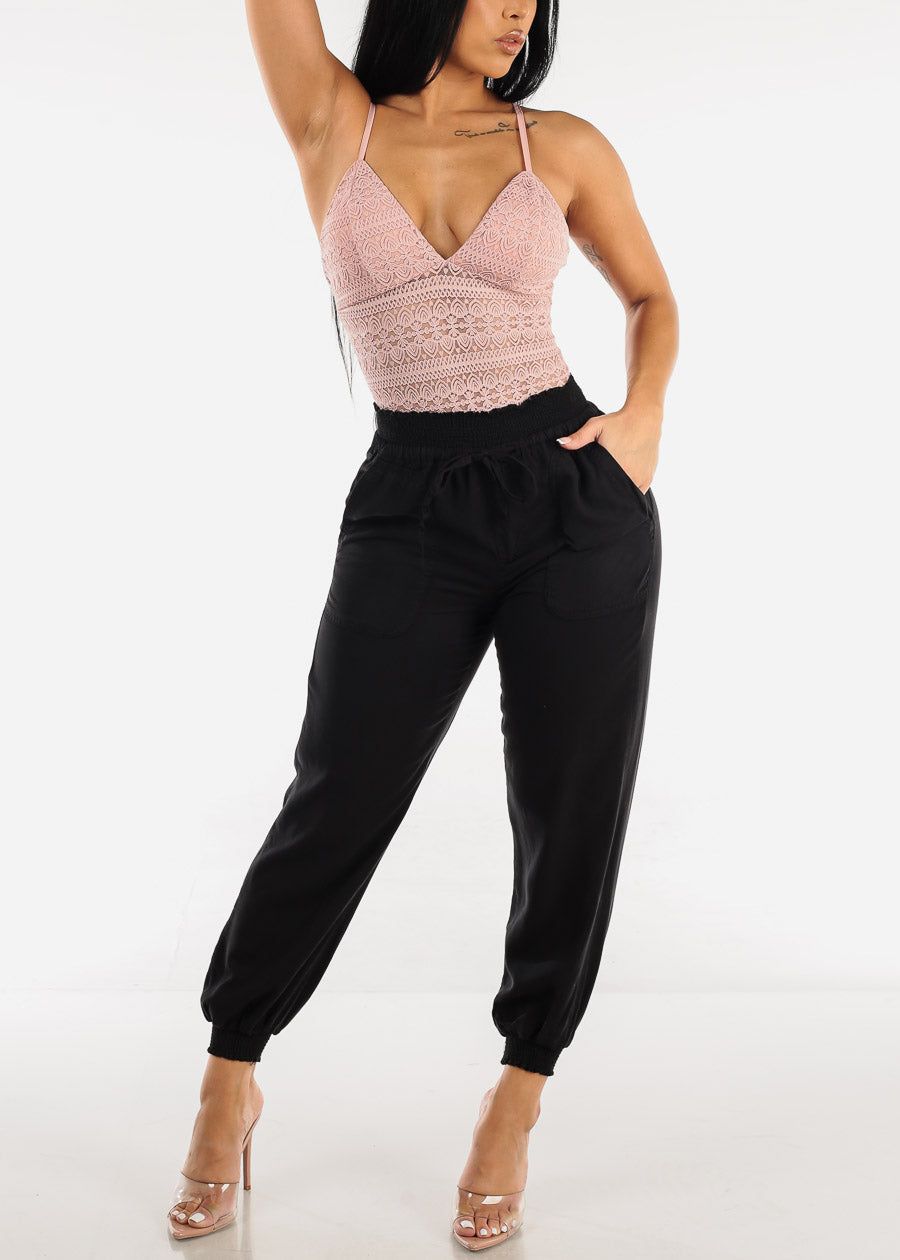 Black High Rise Elastic Waist Tencel Joggers sold by Moda product image thumbnail 2