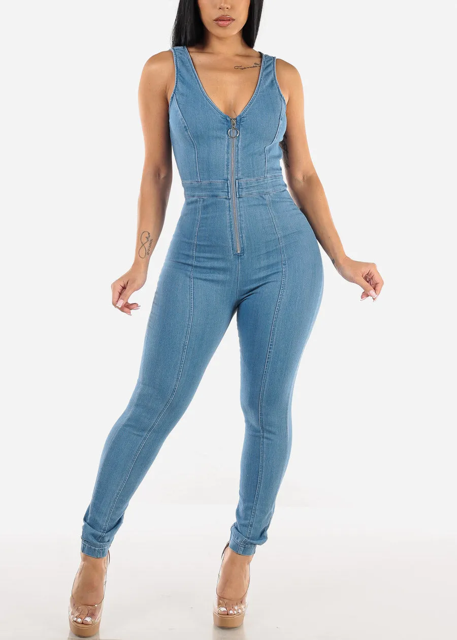 Sleeveless Zip Up Denim Jumpsuit Med Blue sold by Moda