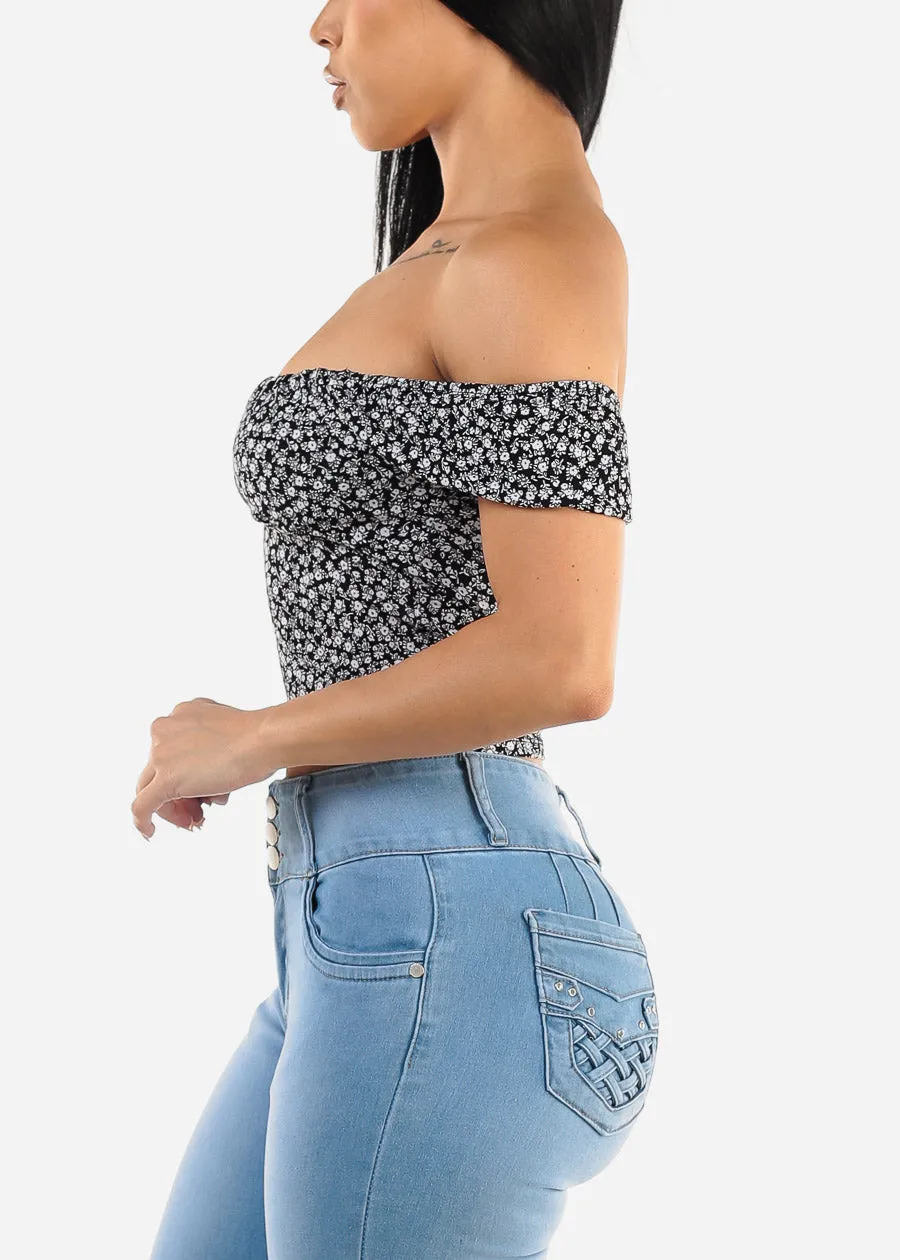 Black Off Shoulder Floral Crop Top sold by Moda product image thumbnail 3