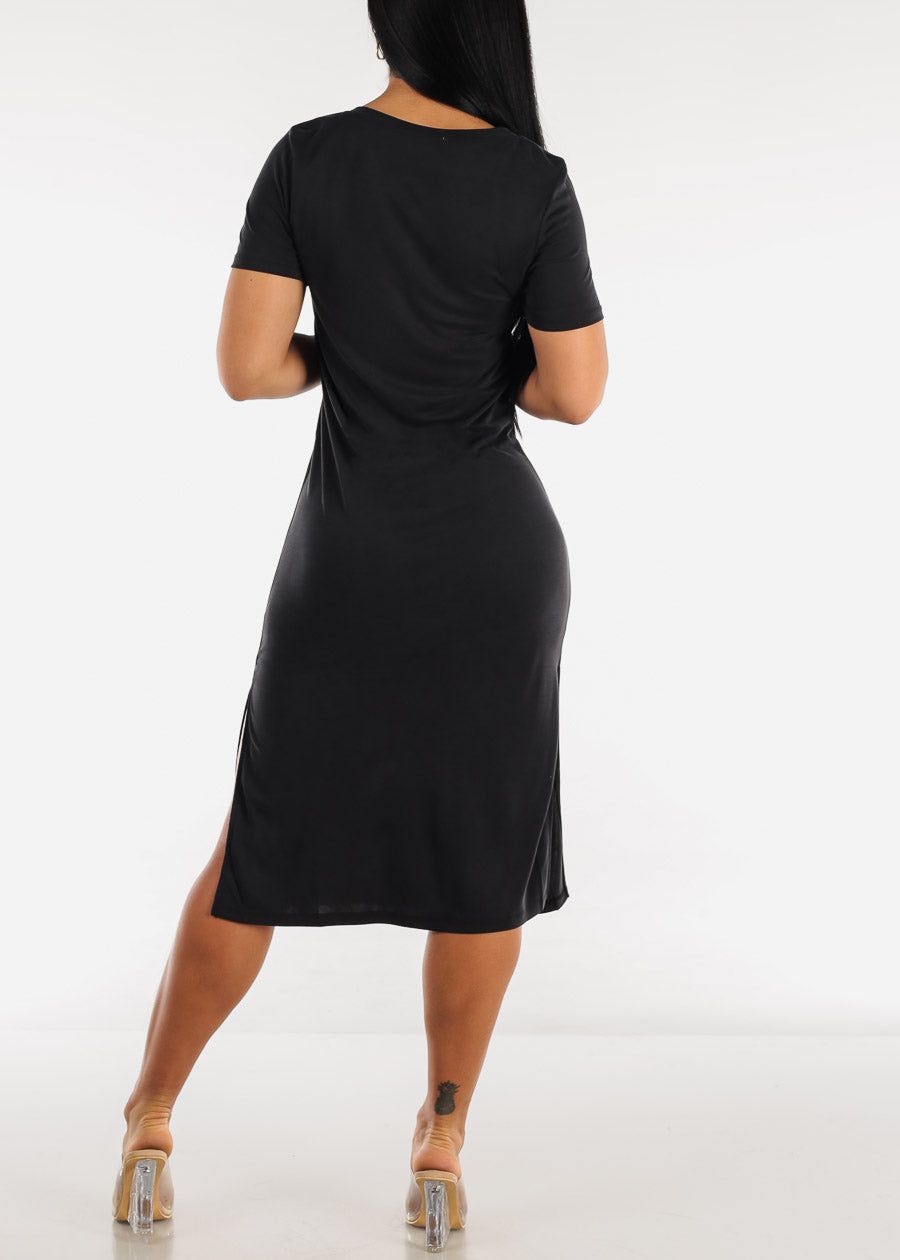 Black V Neck Split Hem Solid Tee Midi Dress sold by Moda product image thumbnail 3