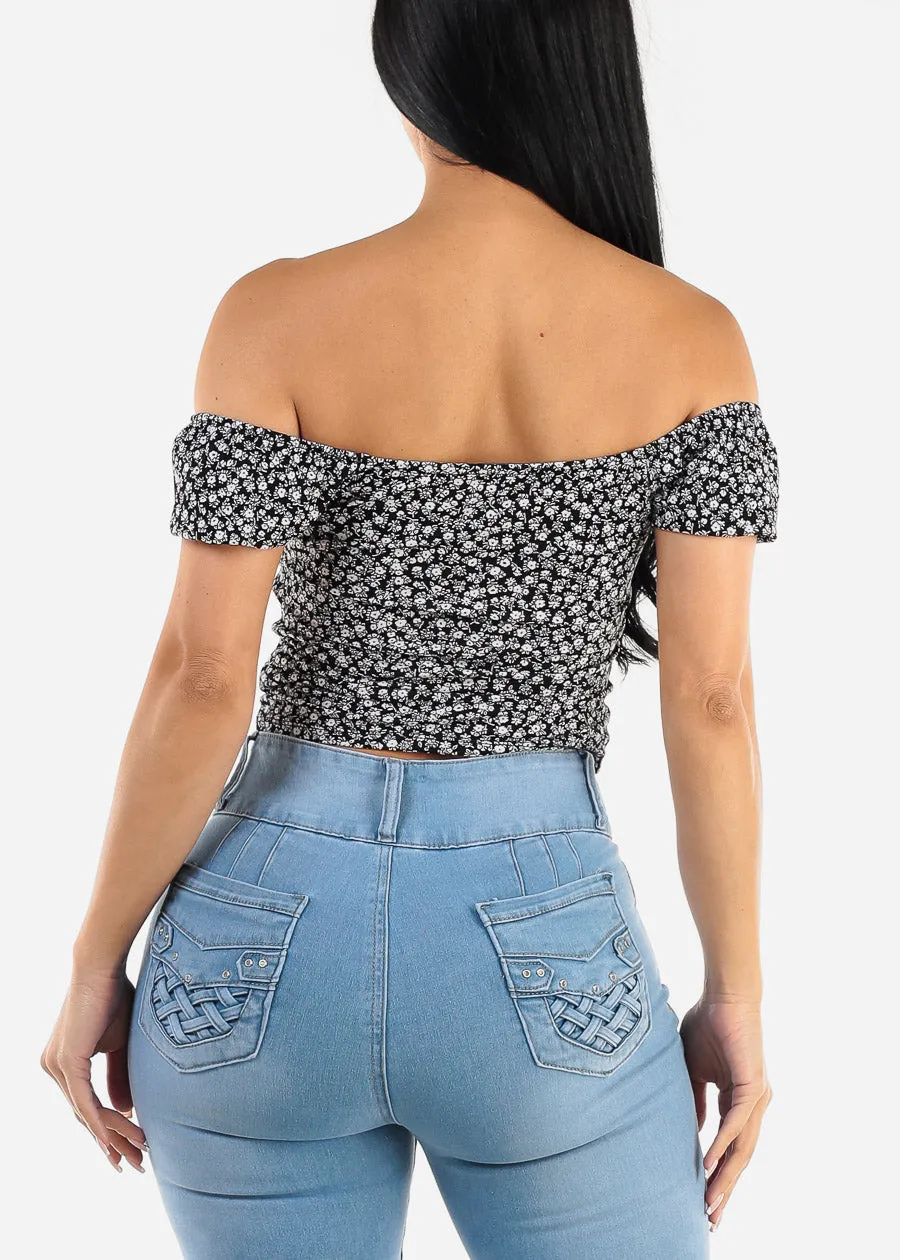 Black Off Shoulder Floral Crop Top sold by Moda product image thumbnail 4
