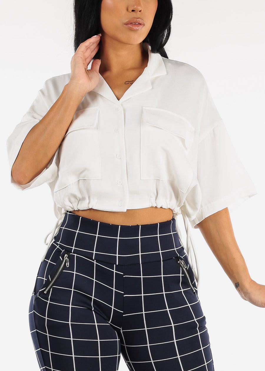 Short Sleeve White Cropped Shirt w Drawstring Hem sold by Moda