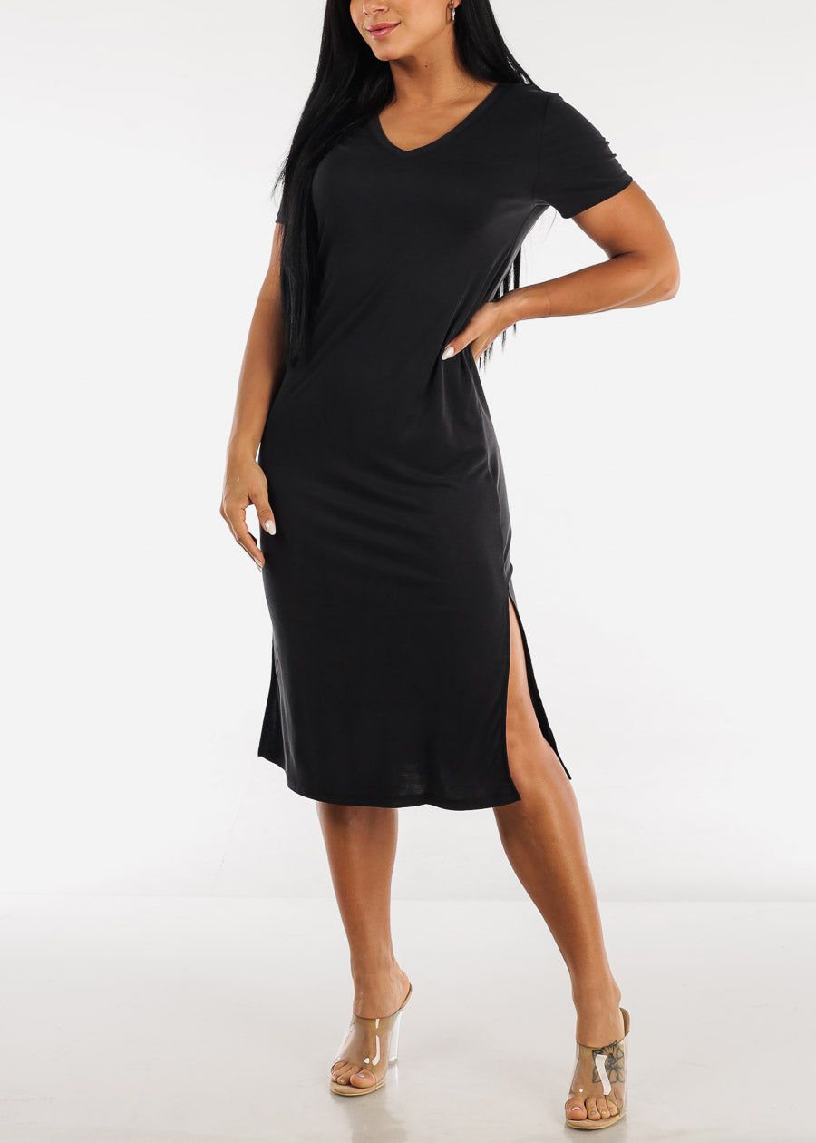 Black V Neck Split Hem Solid Tee Midi Dress sold by Moda