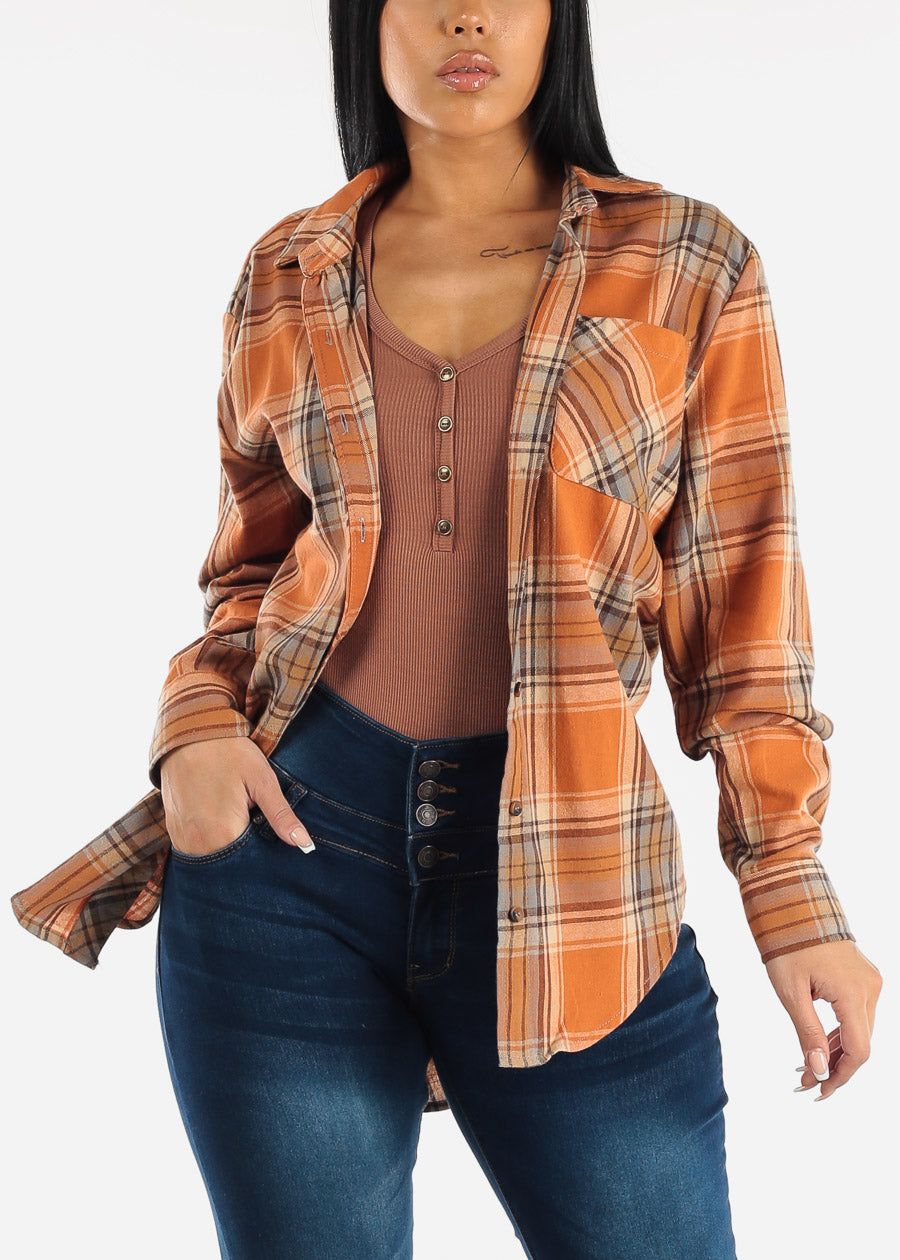 Oversize Plaid Button Down Shacket Orange sold by Moda