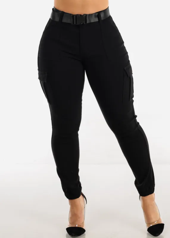 Black Hyper Stretch Cargo Jogger Pants with Belt sold by Moda