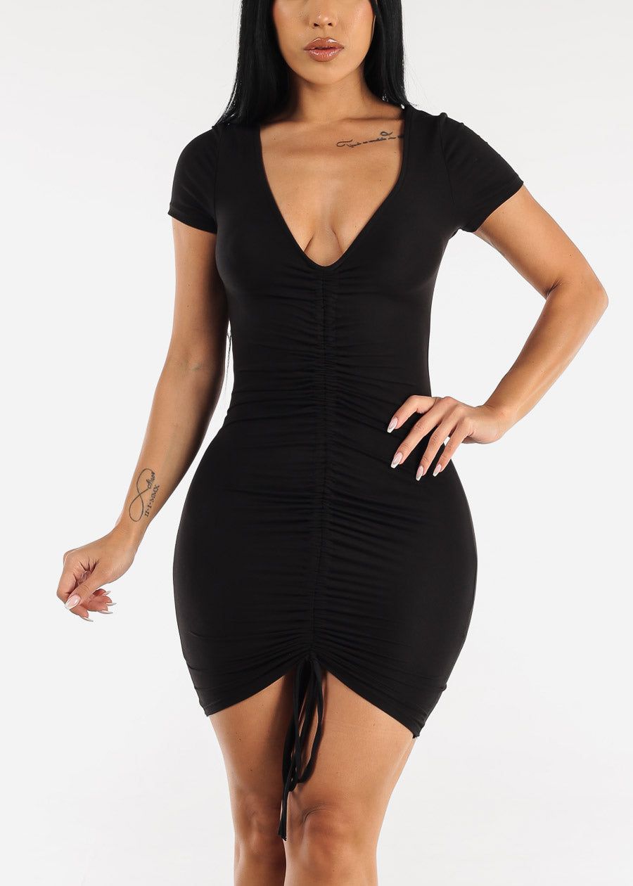 Short Sleeve Adjustable Ruched Front Mini Dress Black sold by Moda