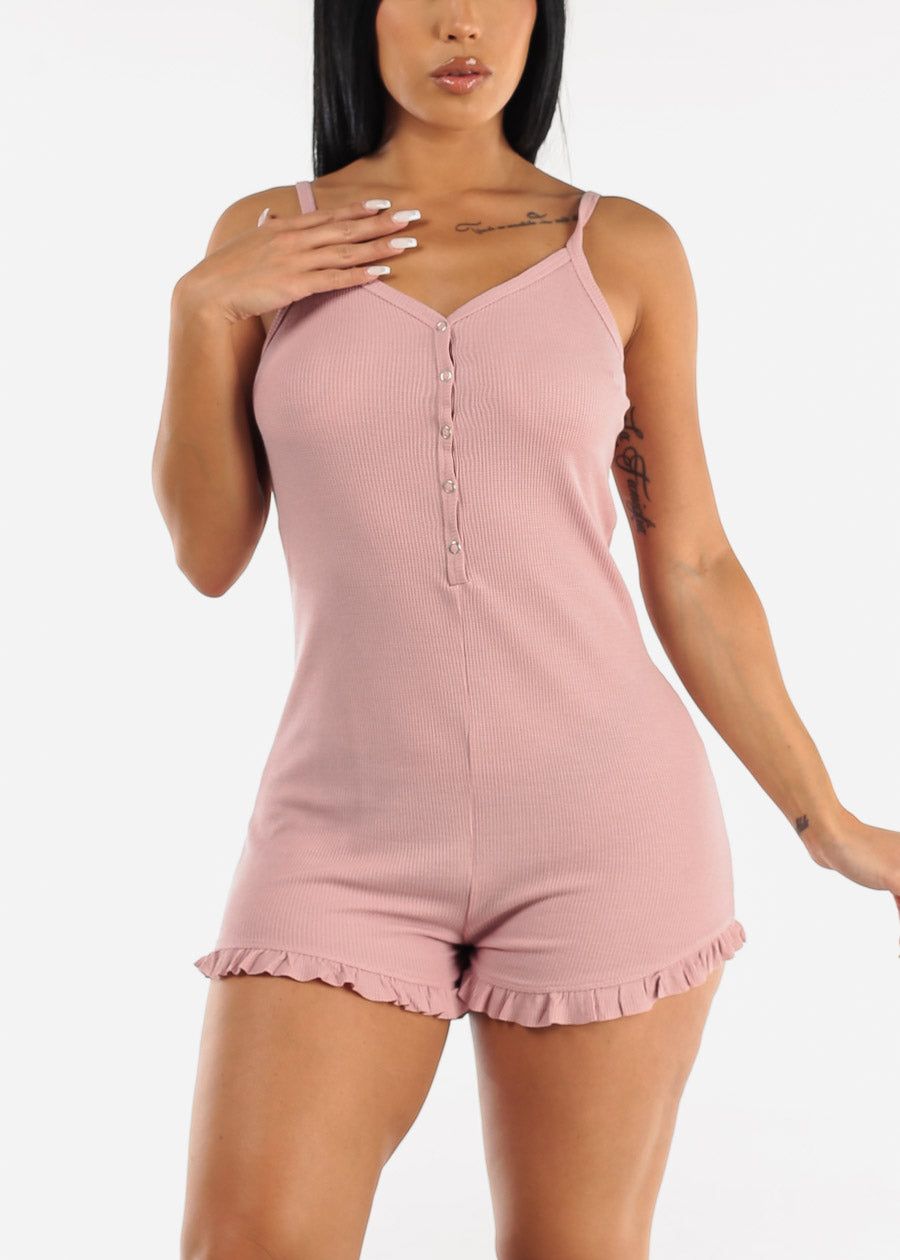 Sleeveless Thermal Cami Romper Pink w Ruffle Hem sold by Moda