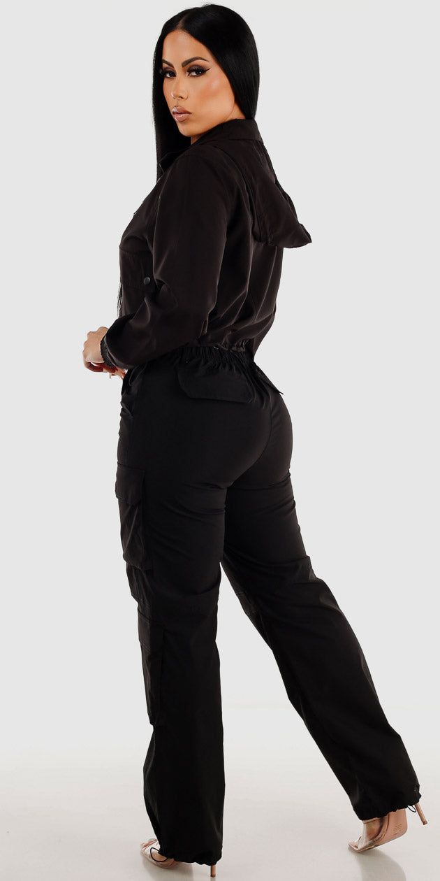 Black Utility Cargo Pants Short Sleeve Grey Bodysuit and Black Zip Up Windbreaker Jacket sold by Moda product image thumbnail 2