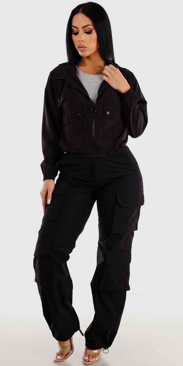 Black Utility Cargo Pants Short Sleeve Grey Bodysuit and Black Zip Up Windbreaker Jacket sold by Moda
