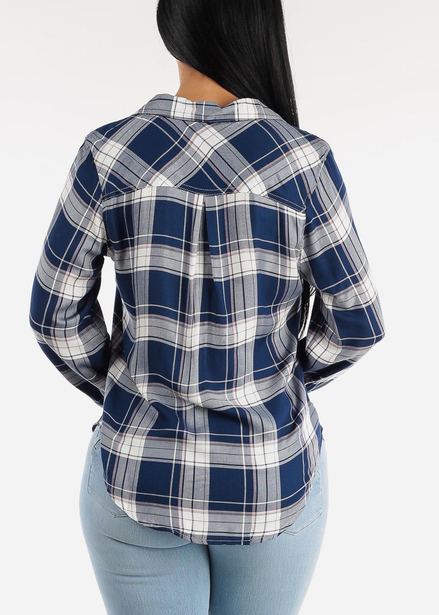 Long Sleeve Button Down Navy Plaid Shirt sold by Moda product image thumbnail 4