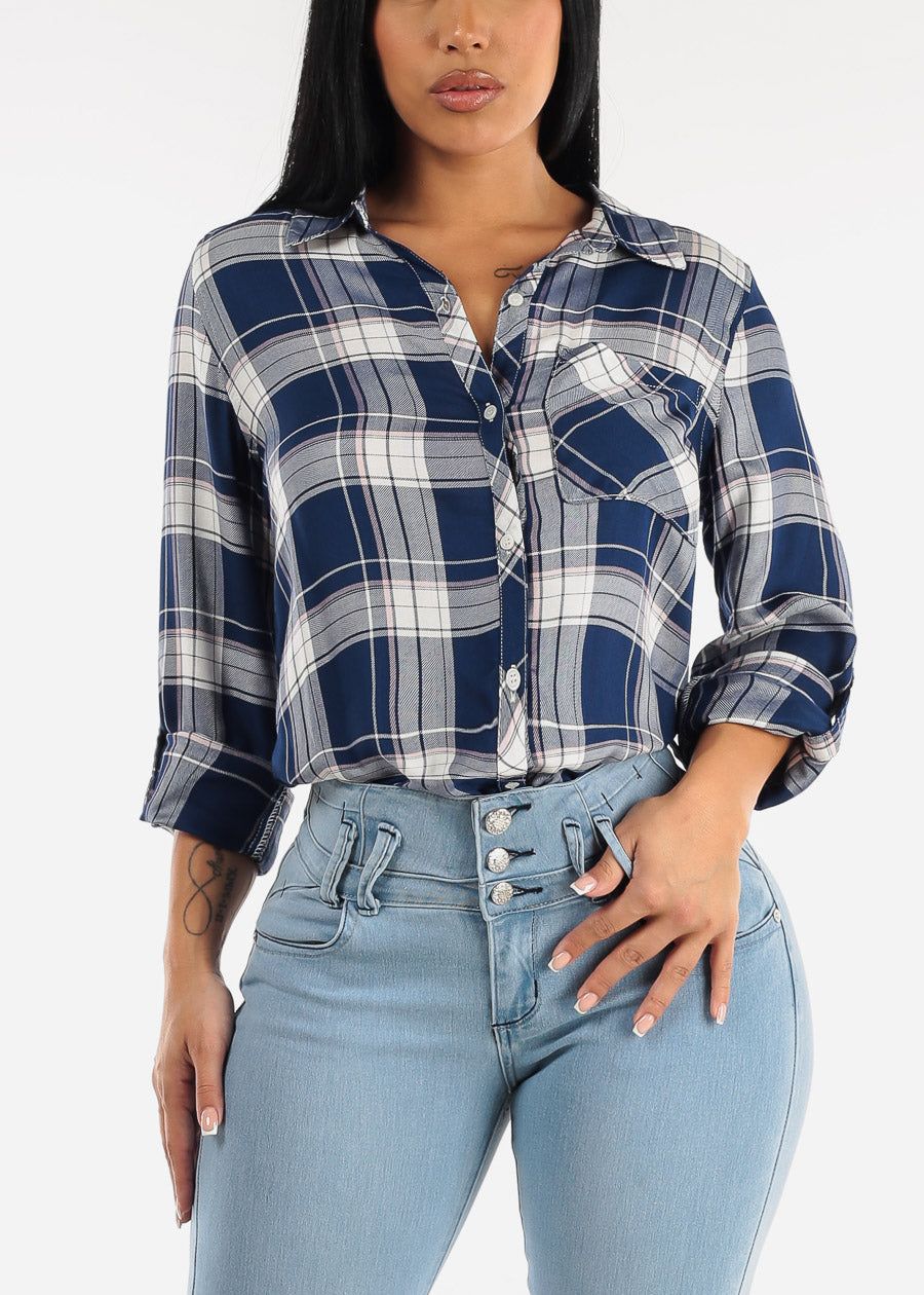 Long Sleeve Button Down Navy Plaid Shirt sold by Moda