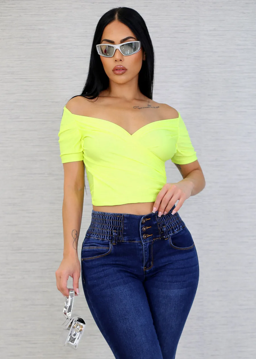 Short Sleeve Surplice Crop Top Neon Lime sold by Moda