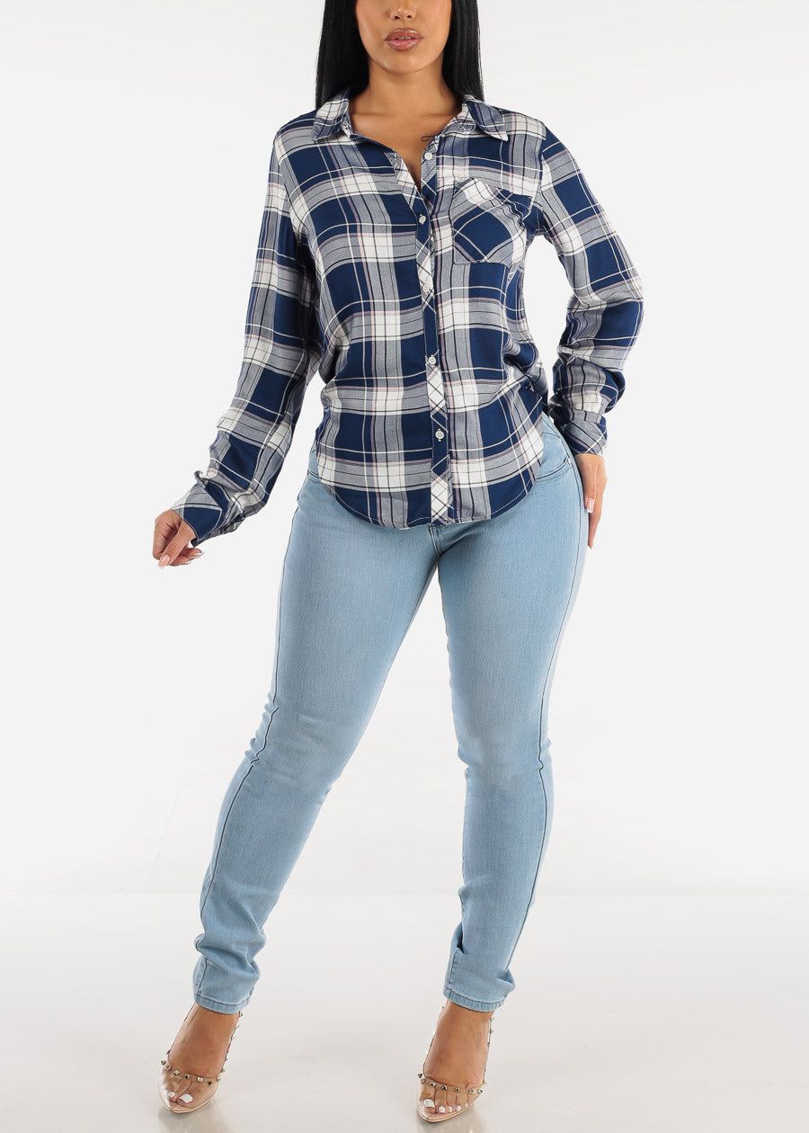 Long Sleeve Button Down Navy Plaid Shirt sold by Moda product image thumbnail 2