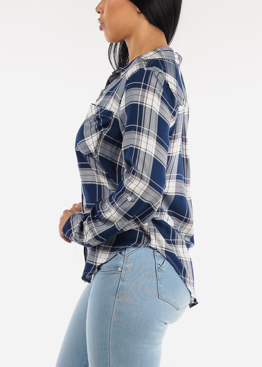 Long Sleeve Button Down Navy Plaid Shirt sold by Moda product image thumbnail 3