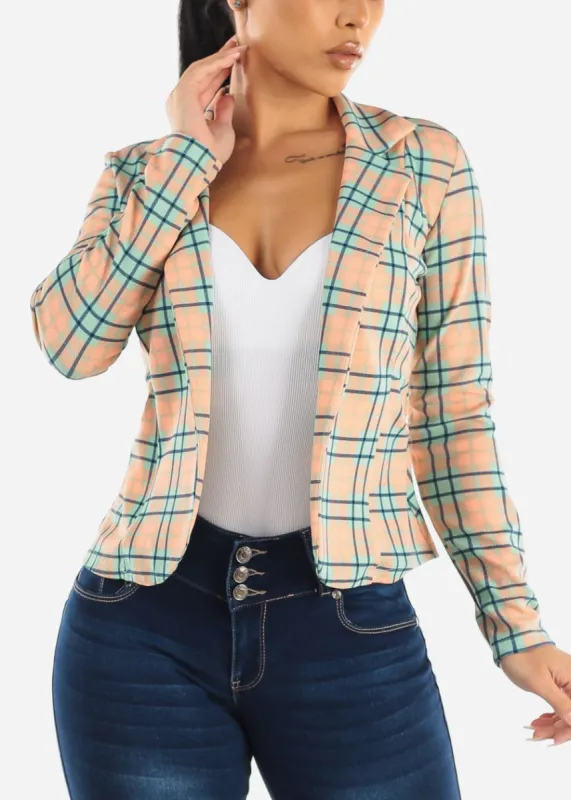 Long Sleeve Open Front Plaid Blazer Peach & Mint sold by Moda