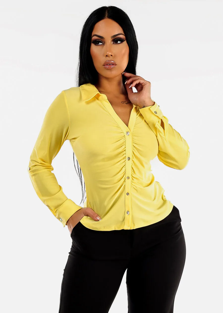 Button Down Collared Blouse Yellow w Ruched Front sold by Moda