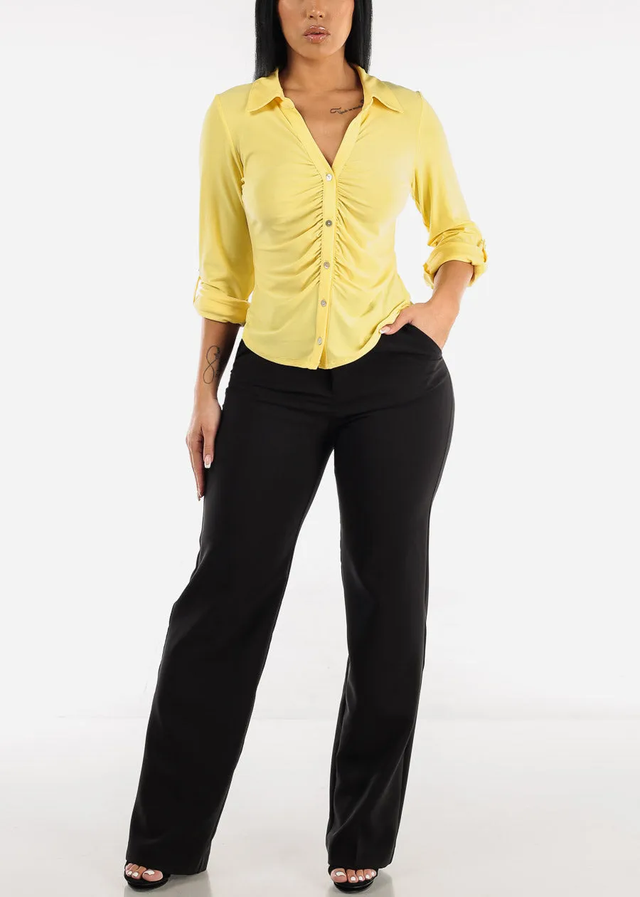 Button Down Collared Blouse Yellow w Ruched Front sold by Moda product image thumbnail 2