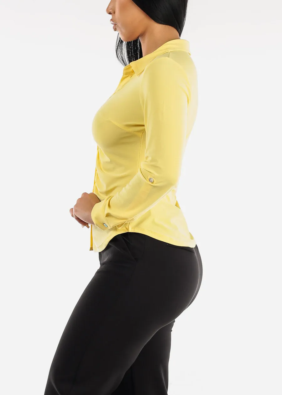 Button Down Collared Blouse Yellow w Ruched Front sold by Moda product image thumbnail 3