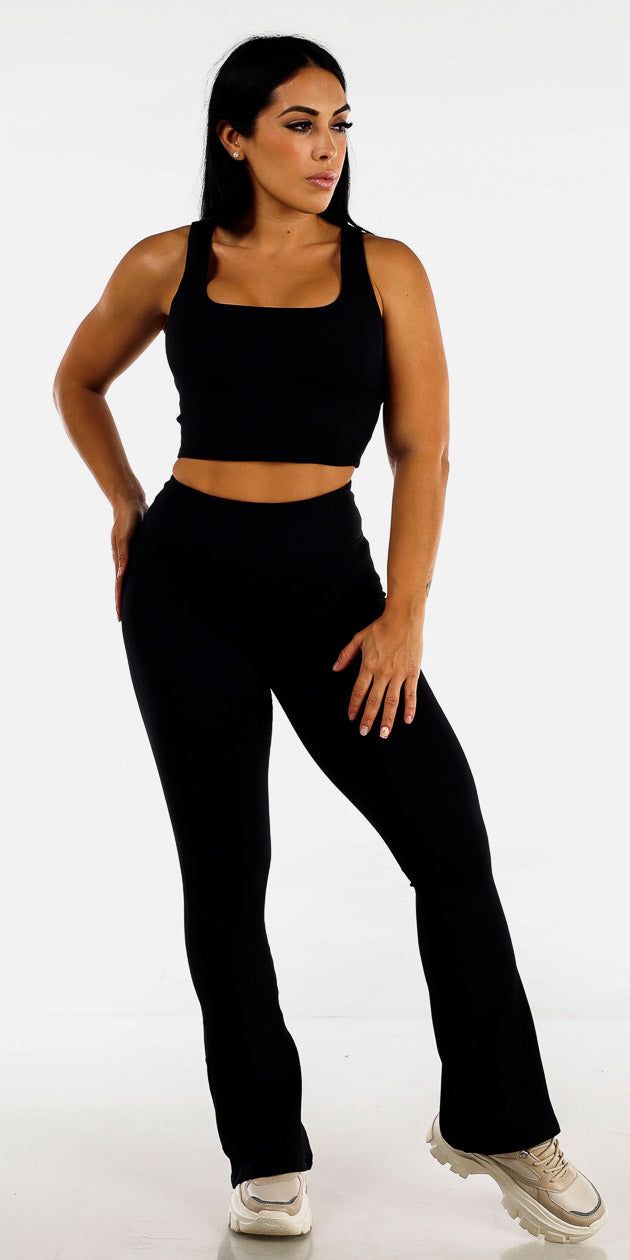 Black Flared Active Leggings with Ribbed Cropped Active Tank Top sold by Moda