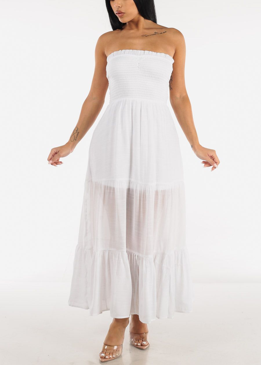 White Strapless Smocked Maxi Dress sold by Moda