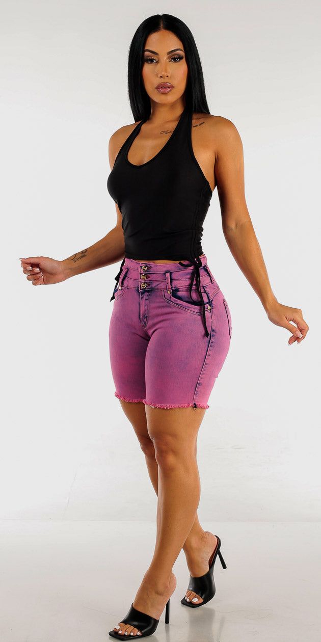 Purple Acid Wash Frayed Butt Lifting Denim Shorts with Black Halter Crop Top sold by Moda product image thumbnail 2