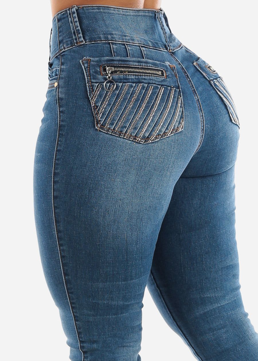 Ultra High Waist Butt Lift Skinny Jeans with Rhinestones sold by Moda