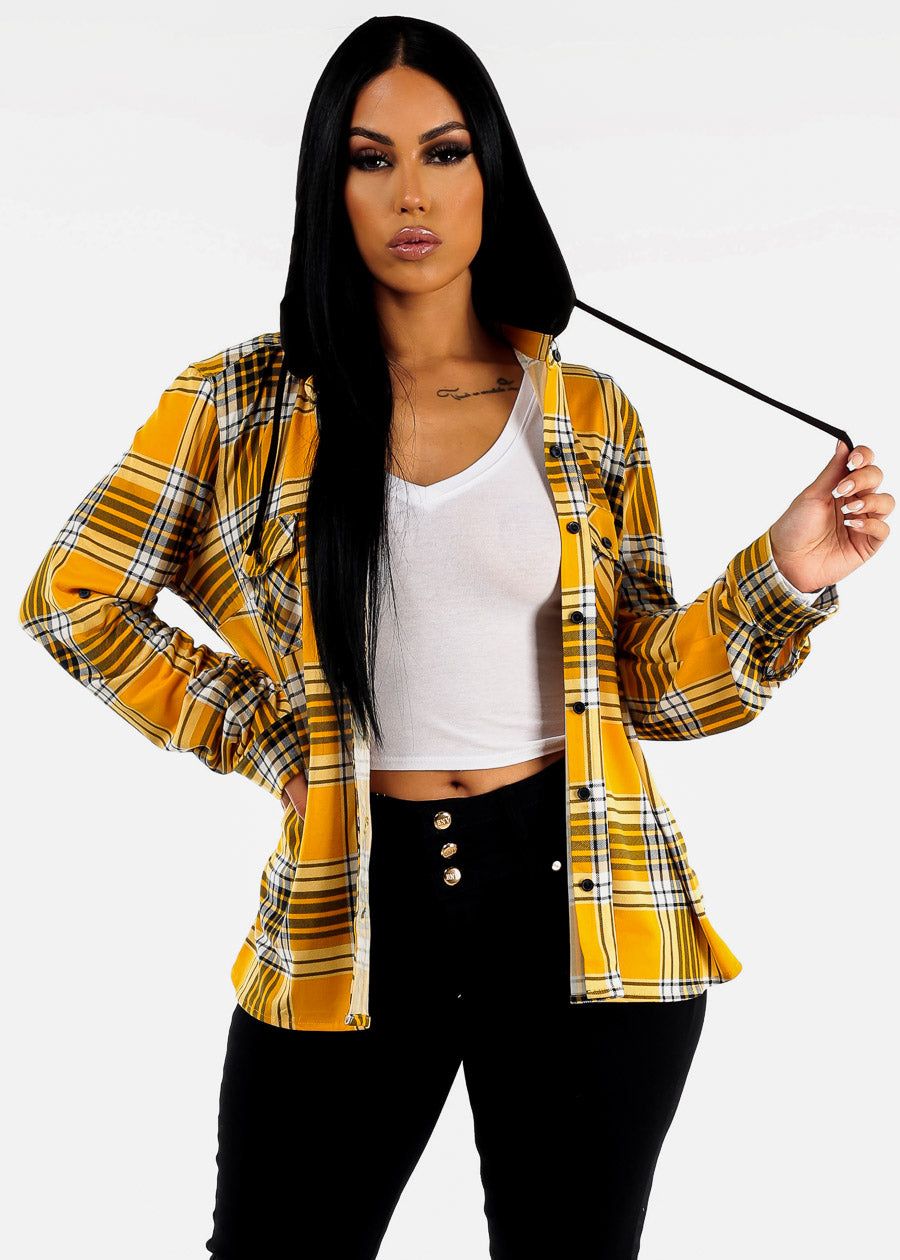Long Sleeve Plaid Shacket Mustard sold by Moda