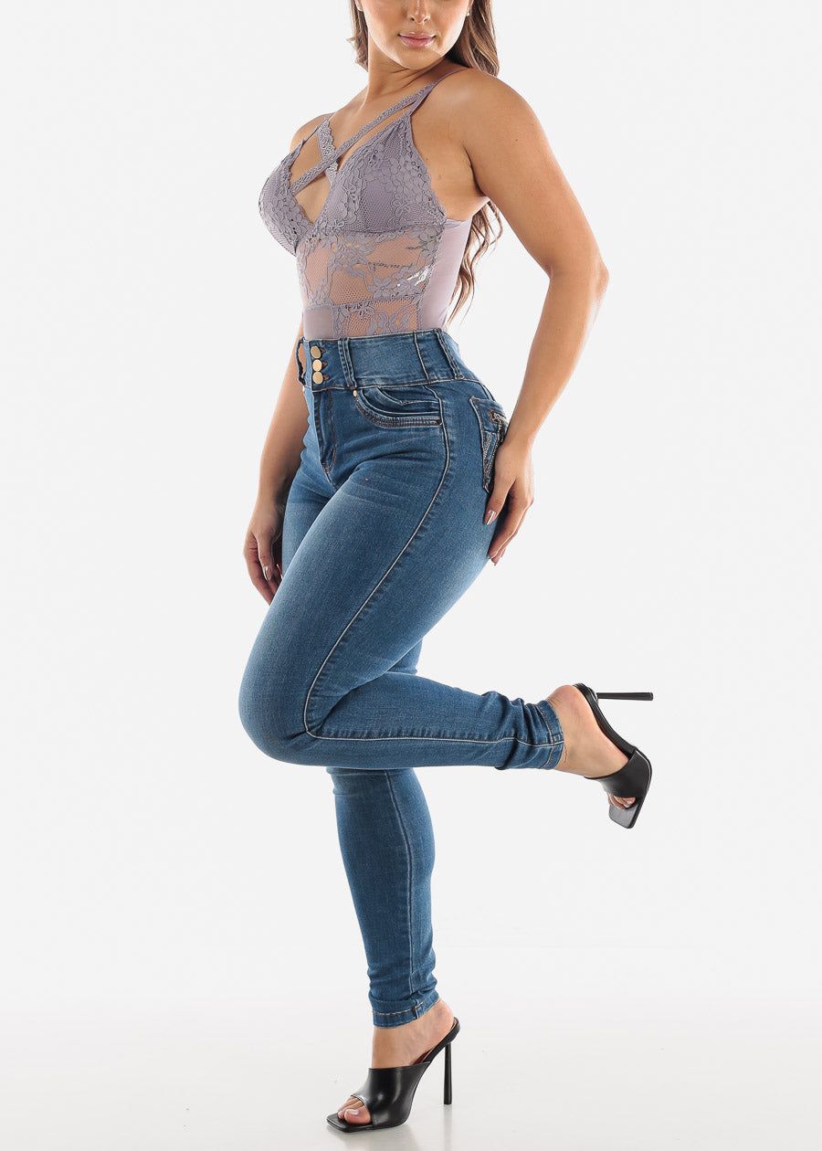Ultra High Waist Butt Lift Skinny Jeans with Rhinestones sold by Moda product image thumbnail 2