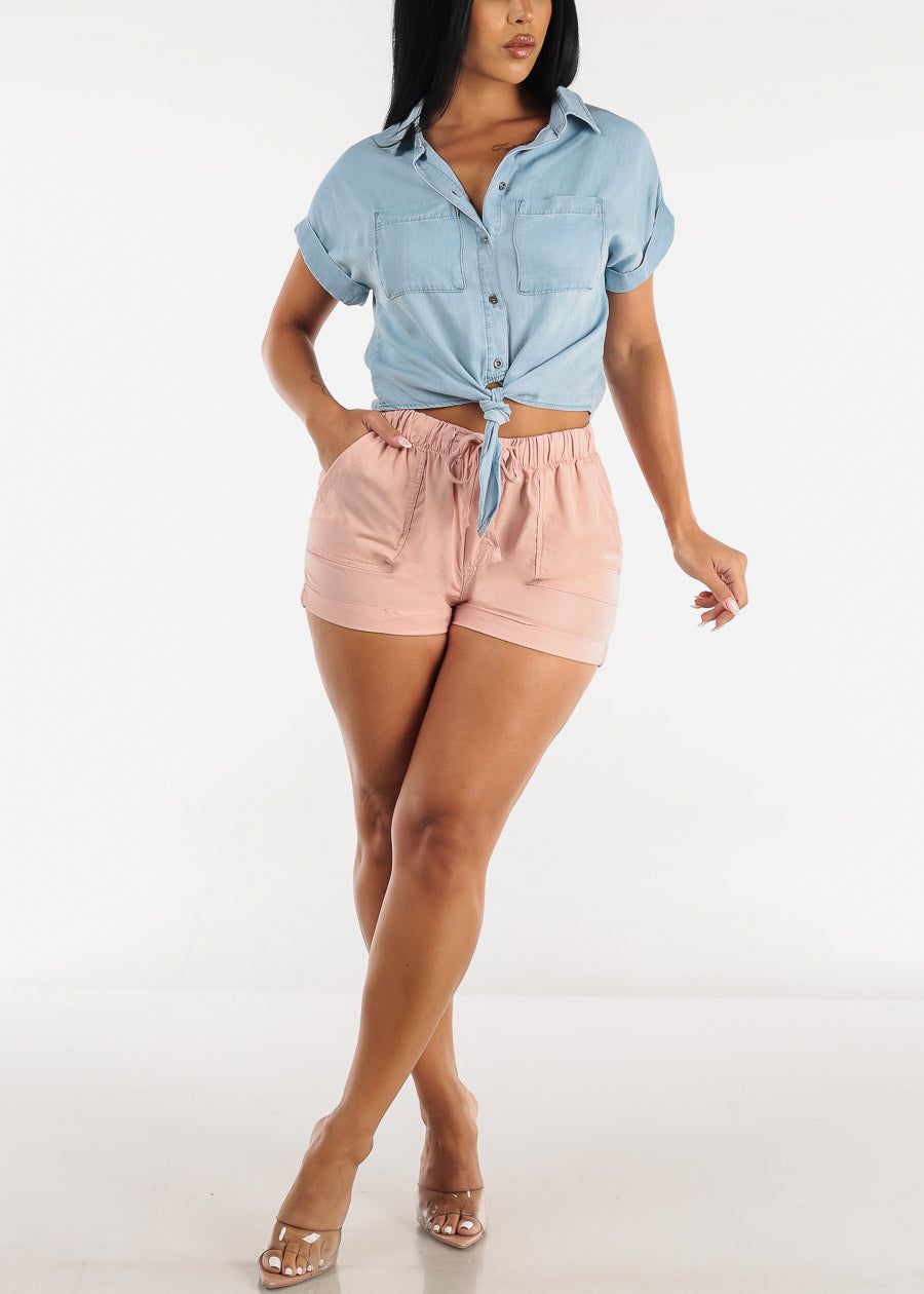 Woven Drawstring Waist Tencel Shorts Light Pink sold by Moda product image thumbnail 2